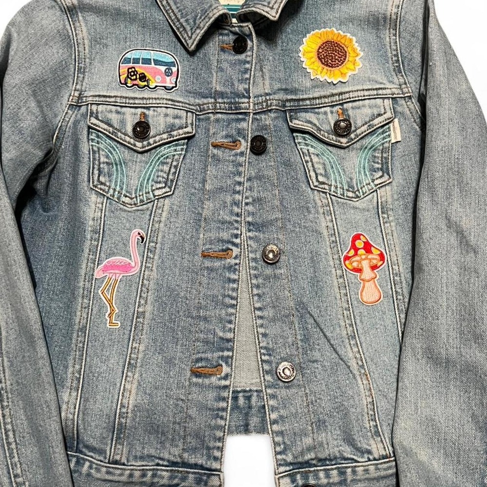 Hollister Upcycled Denim Jacket with Patches Custom Made Women's Size Medium